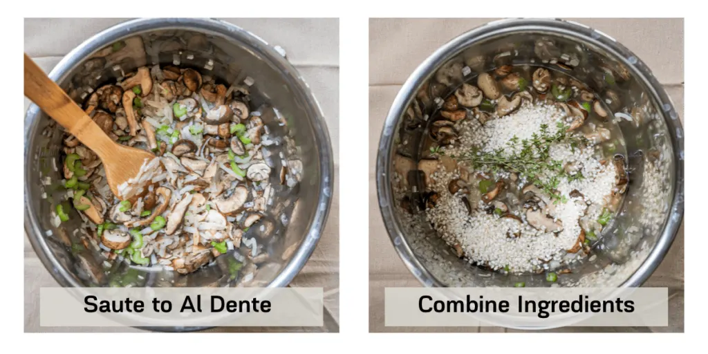 side by side photos of an instant pot. The left is sauteed vegetables and the right is the remaining ingredients added.