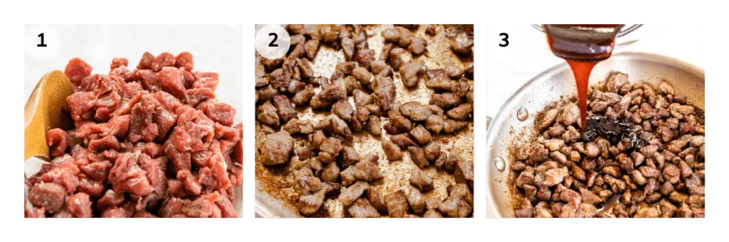 collage of the steps to make lamb bites. 1. mix seasoning with lamb 2. brown meat 3 add glaze.