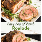 Two photo collage of a Leg of Lamb Roulade roast sitting on a white plate surrounded by chopped mushrooms and sprigs of rosemary.