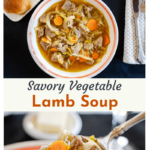 A two photo collage of Top down photo of a bowl of vegetable lamb soup in a white bowl sitting on a black placemat. A plate of bread and butter sit behind it and a photo of the soup on a spoon.
