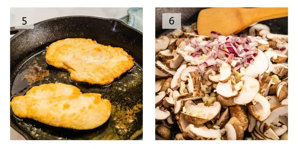 Two Photo Collage of chicken cutlets browning in a cast iron skillet and a pan full of mushrooms, red onions and garlic browning in the cast iron pan.