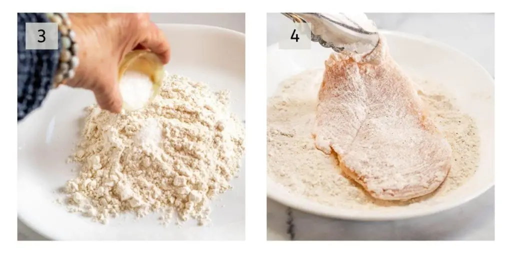 Two photo collage showing flour being seasoned and the other one is chicken breasts being dredged in the flour.