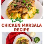Two Photo collage of Chicken marsala sitting on a next of egg noodles and garnished with fresh parsley on a white plate over a red napkin,