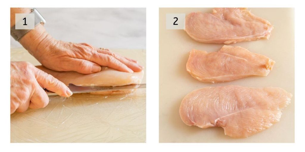Two photo collage of slicing a raw chicken breast into 3 thin slices as shown on the second photo0.