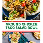 Top down view of two taco bowls loaded with ground chicken, black beans and lettuce garnished with tomatoes, cilantro and shredded cheese on a green napkin. Small bowls of cheese and diced tomatoes sit off to the side.