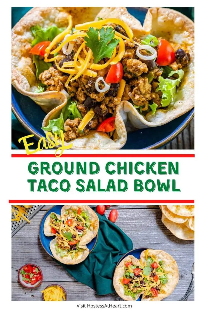 Top down view of two taco bowls loaded with ground chicken, black beans and lettuce garnished with tomatoes, cilantro and shredded cheese on a green napkin. Small bowls of cheese and diced tomatoes sit off to the side.