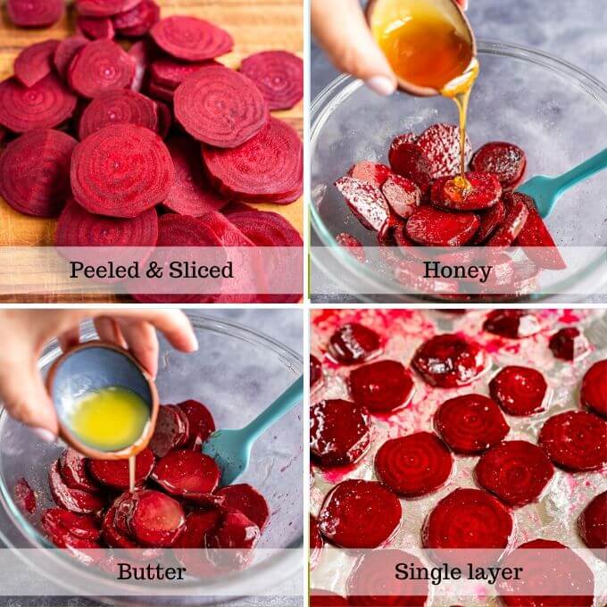 4 photos showing beets peeled and sliced, drizzled with honey, and butter and placed in a single layer on a foil-lined baking sheet. The process titles appear on the bottom of each photo.