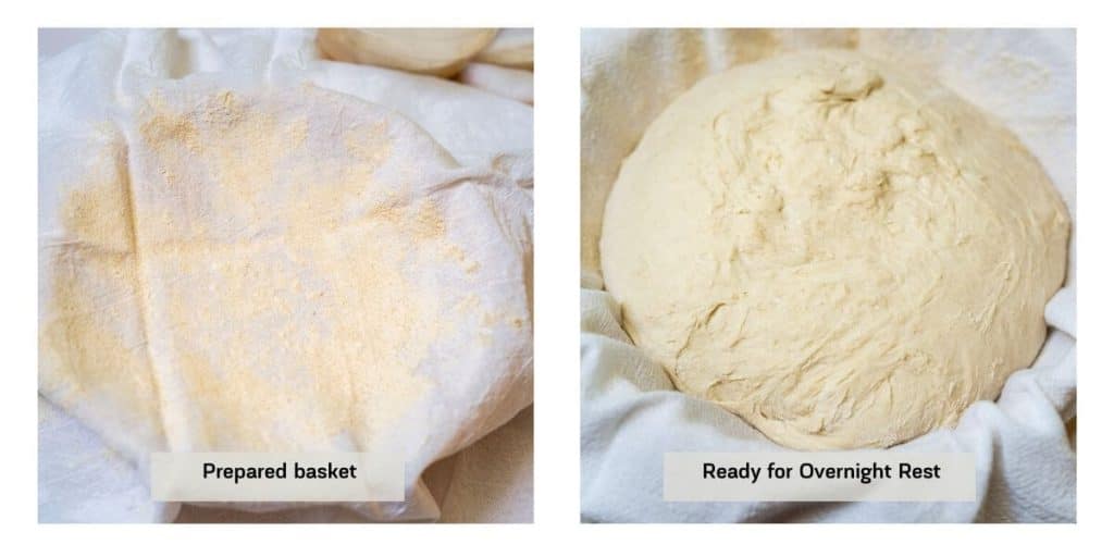 Two photo collage showing a basket covered with a cloth and dusted with flour. The second photo shows the dough settled in with the seam side up.