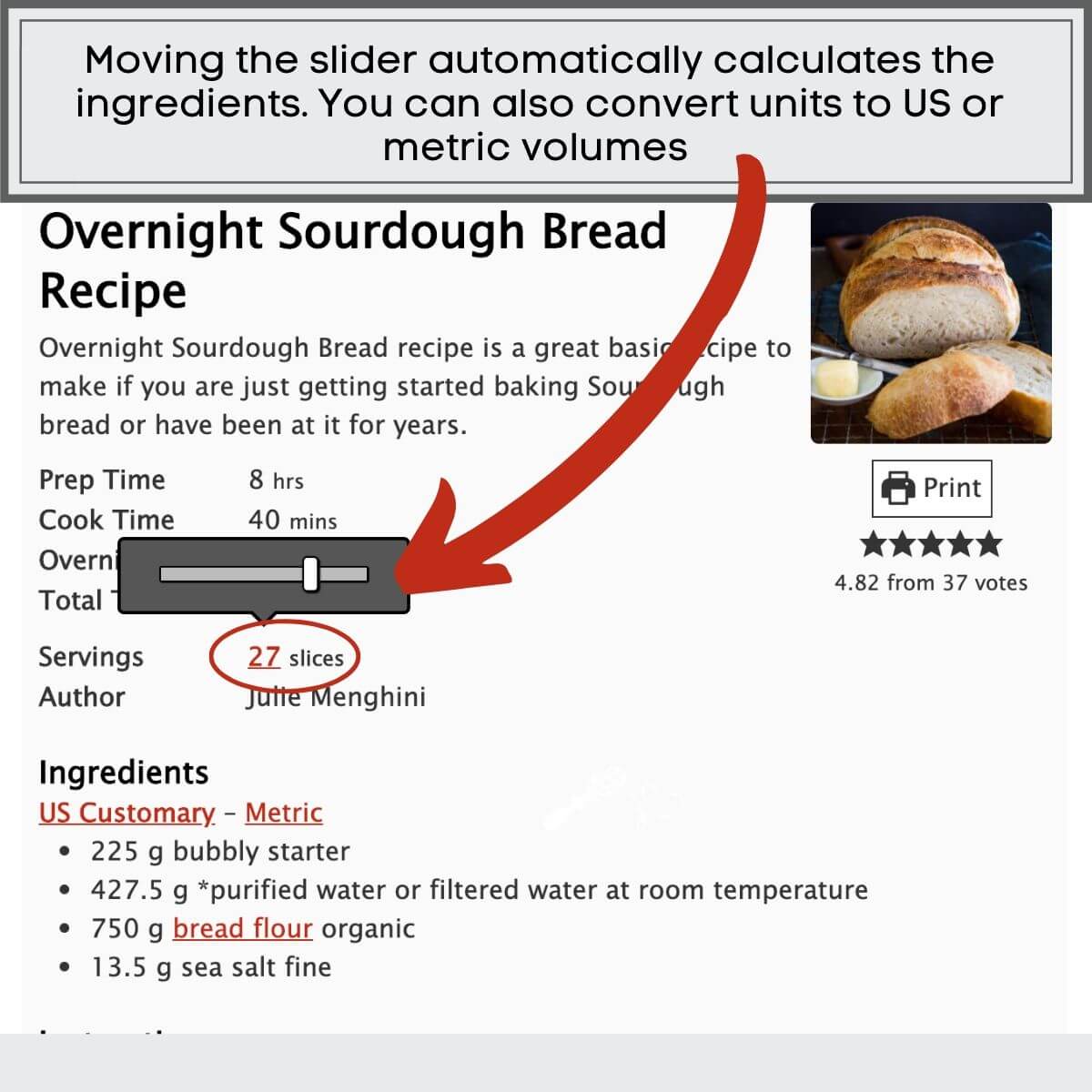 A photo showing how to adjust the serving size of the recipe to adjust the ingredient calculations.