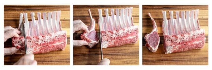3 photo grid showing how to remove single chops from a french cut lamb rack of ribs.