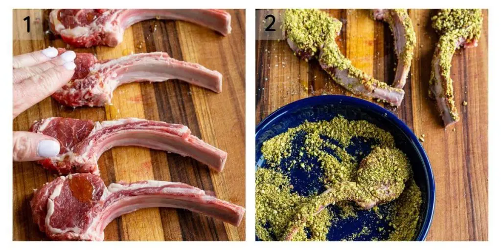 a two photo grid of oil being rubbed on raw lamb chops sitting on a wooden cutting board and a photo of a blue bowl holding a lamb chop dredged in pistachios with 3 chops sitting behind it.
