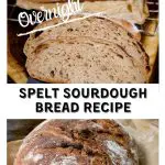 A two photo collage for Pinterest. The top photo shows slices of spelt sourdough bread in front of the loaf. The bottom photo is an uncut loaf of spelt bread with a crusty brown exterior sitting on a piece of natural parchment paper. The title banner runs through the center.