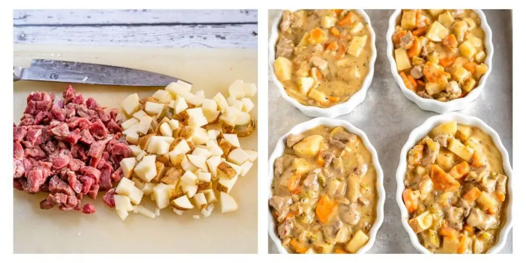 Two photo grid. First photo shows chopped potatoes and pieces of lamb cut the same-sized. The second photo is lamb and vegetable filling in white ramekin dishes sitting on a baking sheet.
