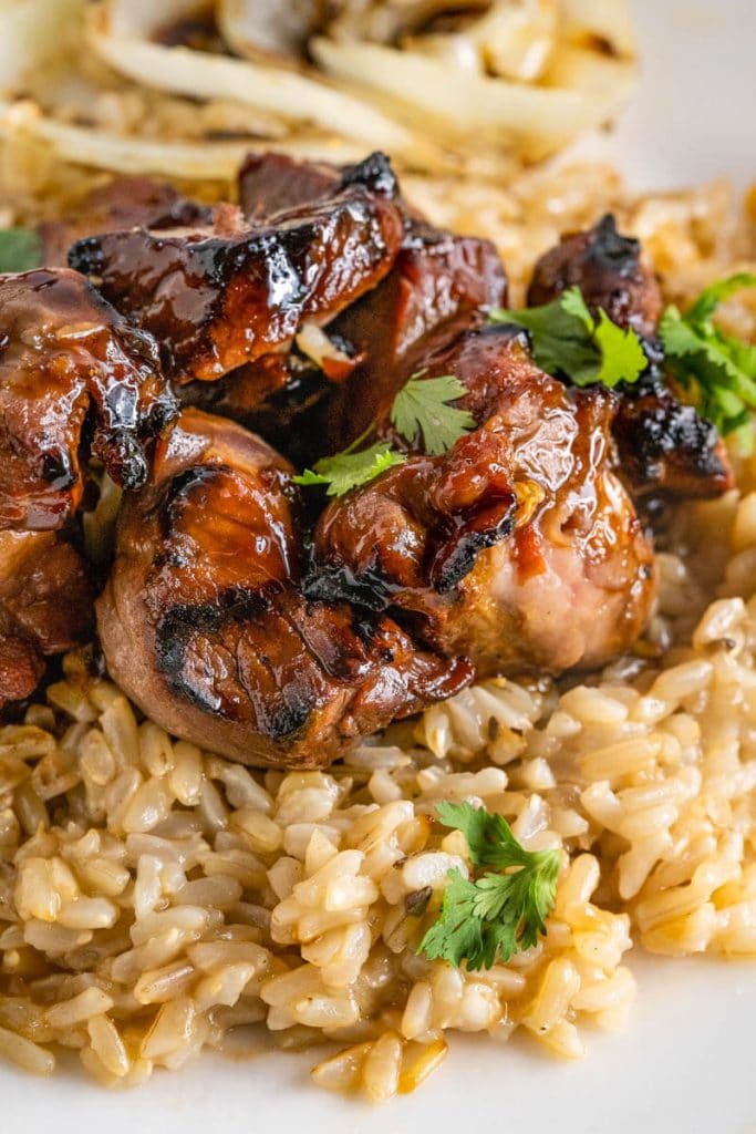 Close-up angle view of chunks of lamb kabob drizzled in an orange glaze sitting on a bed of brown rice and garnished with fresh cilantro.