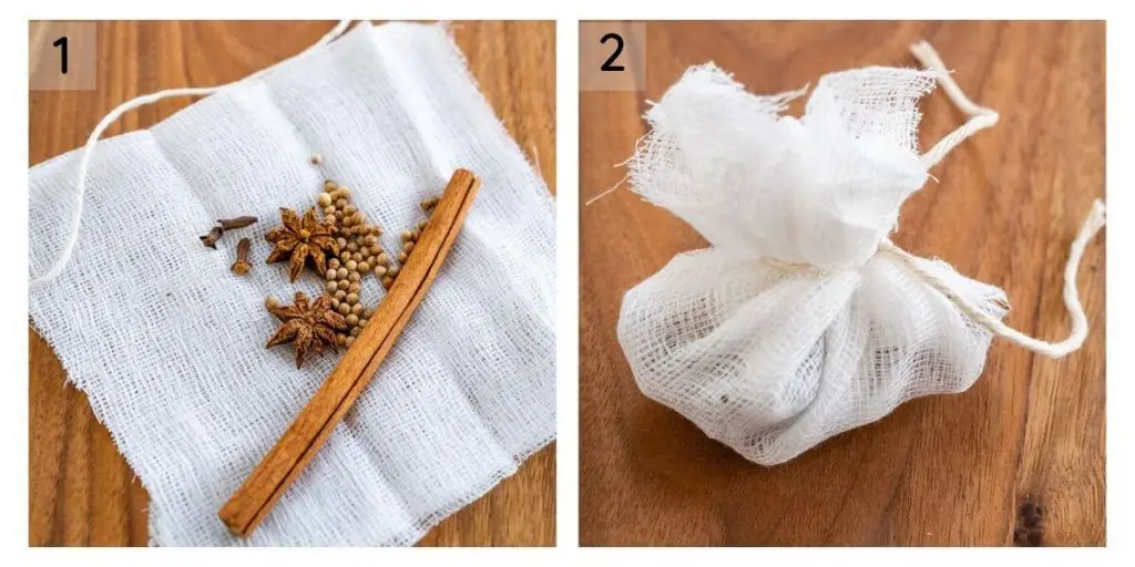 Two photo collage showing spices in the center of a piece of cheescloth in the first photo and tied into a satchel in the second photo.