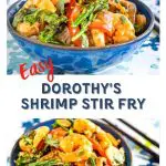 Two photo collage of shrimp stir fry. One from and angled position and the other a side view. They're in a blue bowl on a blue and green floral napkin. A pair of chop sticks sit next to the bowl.