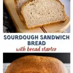 Two photo collage with the title Sourdough Sandwich Bread running through them. The top photo is 3 slices of bread on a cutting board and the bottom photo is of a whole loaf sitting on a cooling rack.
