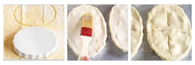 3 photo grid showing puff pastry stamped using a dish, brushed with egg wash, and vented with knife cuts.