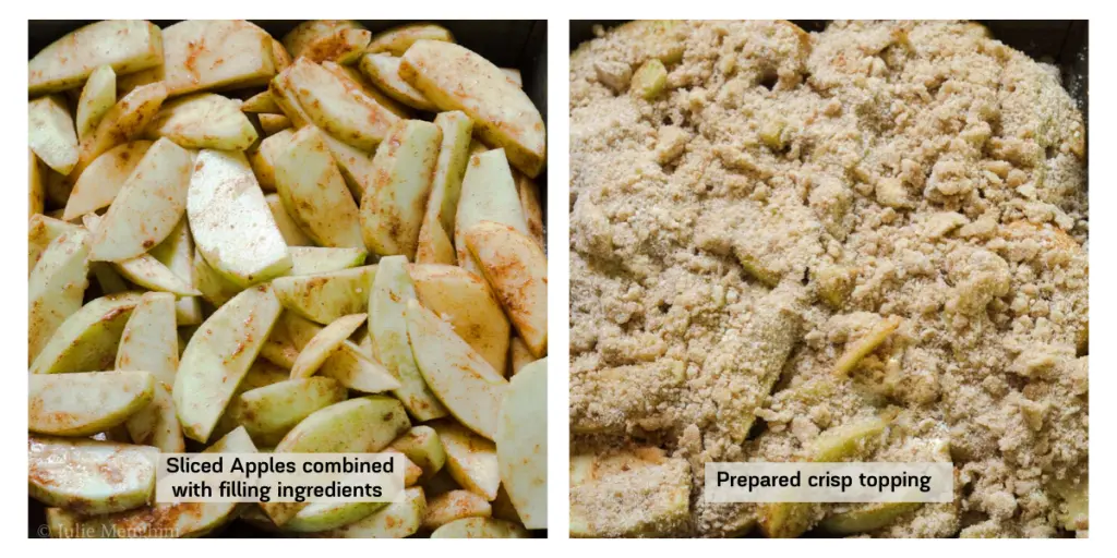 Two photo collage. 1st is sliced apples with a mix of cinnamon and sugar mix and the second is the prepared crisp topping spread over the apples.