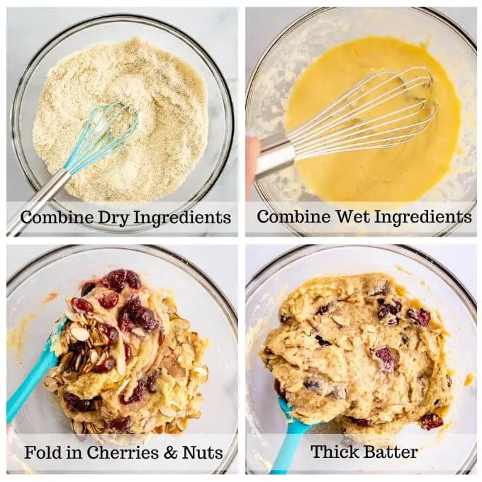 A grid of 4 photos showing the order of making cherry almond flour including, 1. Combining dry ingredients 2. Combining wet ingredients, folding in nuts and cherries, and 4. The final thick consistency of the batter.