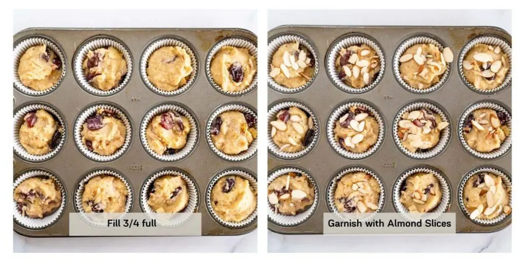 A two photo grid of cherry almond batter filled and sitting in a muffin tin and muffin batter garnished with sliced almonds.