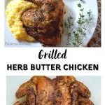 Two photo collage separated with a center title. First photo is a top down view of a grilled chicken quarter laying on a bed of polenta on a white plate with a garnish of fresh thyme second is a full chicken that has been flattened and grilled.