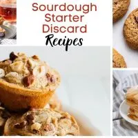 A collage of recipes that Sourdough Starter is used in including cookies, muffins, and pancakes. The title 