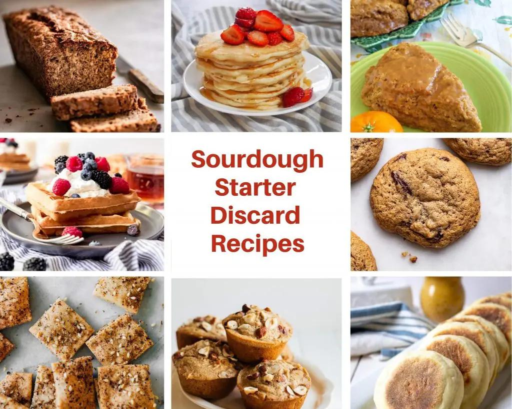 Recipe photos for sourdough starter discard including crackers, muffins, english muffins, cookies, waffles, banana bread, pancakes & scones.