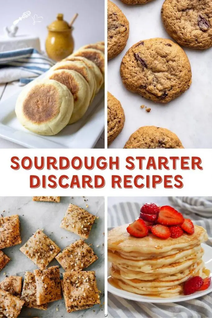 4 photo collage of recipes you can make with sourdough starter discard including pancakes, crackers, cookies, and english muffins. The title banner is centered through the middle
