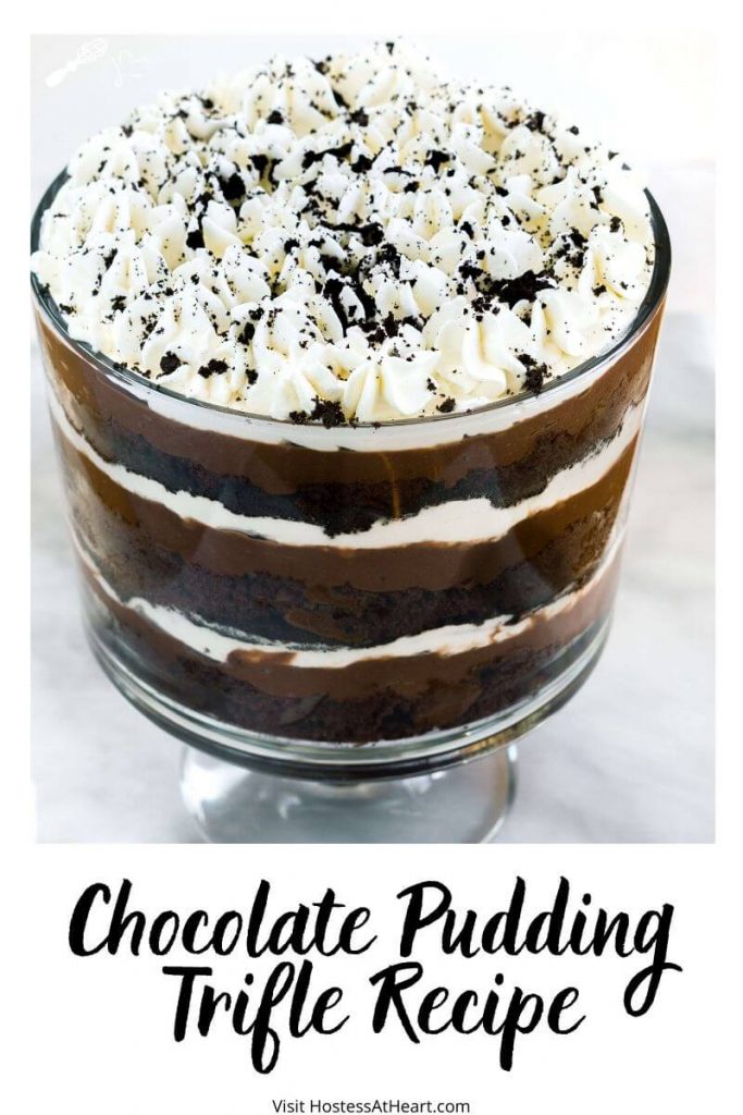 Top angle of a trifle bowl filled with layers of chocolate cake, pudding, whipped cream and oreo cookie crumbs.