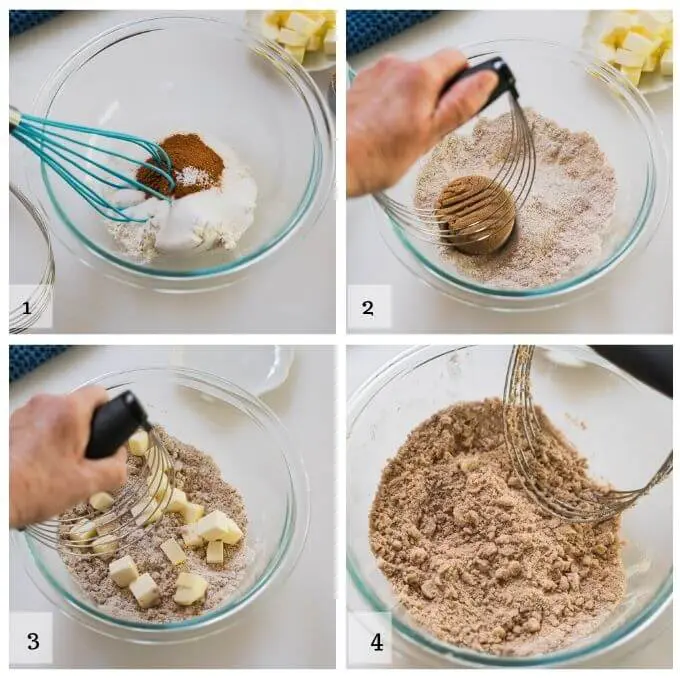 4 steps to make the crumble that goes over peach filling. 1. combine sugar, flour, cinnamon and salt. 2. Cut in brown sugar. 3. Cut in cold butter. 4. Is an image of what the crumble should look like.