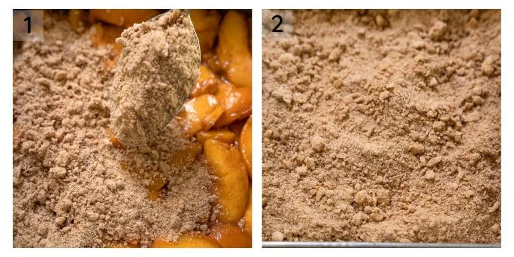 2 photo grid showing how the crumble should be spooned over the peach filling and what the pan looks like after the filling has been applied.