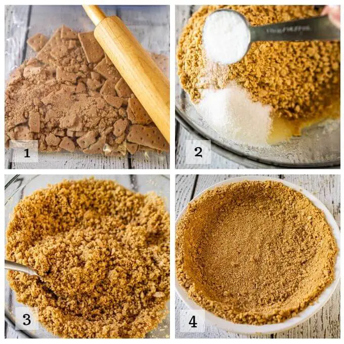 4 photo collage of how to make a graham cracker crust. The first photo shows graham crackers being crushed in a ziplock bag with a rolling pin. The second is the crushed graham crackers mixed with melted butter and sugar. The 3rd is the course texture of the graham crackers. The 4th is the mixture pressed into a white pie plate.