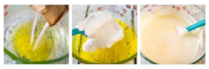 3-grid photo of mixing lemon pie filling. Lemon jello is added to boiling water and grated lemon in the first photo. The second photo is folding cool whip into the cooled jello and the third photo shows the creamy consistency of the filling.