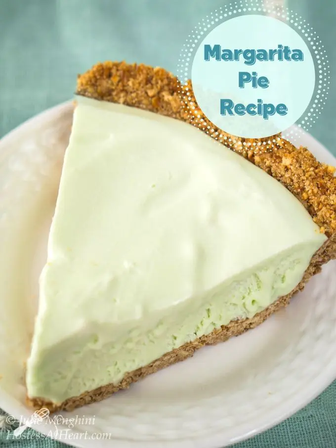Top down photo of a slice of frozen margarita pie in a pretzel crust. This light green pie sits on a white plate with the title "Margarita Pie Recipe" in the upper right corner.