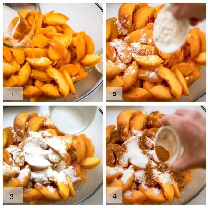 4 photo grid of how to mix the peach filling for the peach crisp. 1. add apple juice to the sliced apples. 2. add flour, 3. add sugar. 4. add cinnamon.