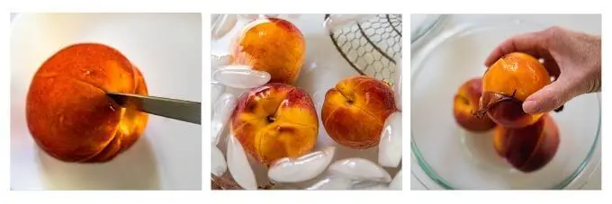 Top down 3-photo grid of how to remove peach skin. 1. Score the peach skin and the boil peaches for 30 seconds. 2. Place in a ice bath for 10 seconds. 3. Slide the skin off.