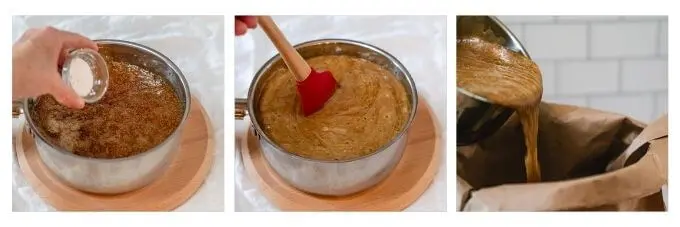 A three photo grid showing how to make the brown sugar butter glaze for Caramel Crispix Snack Mix recipe. The 1st photo is melted butter and brown sugar and baking soda is being added to the hot mixture. The second photo shows how it foarm up while being stirred with a red spatula. The third photo shows the glaze being poured over the other snack mix ingredients in a paper bag.