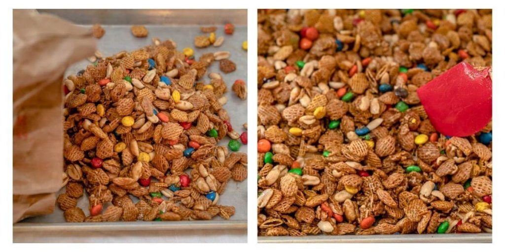 Two photo collage of Caramel Crispix Snack mix has been glazed and is being poured out on a sheet pan and the second photo is of the mix spread out on the pan for drying.