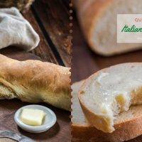 A two photo collage. The left photo is half of a loaf of Italian Bread on a wooden cutting board. A pad of butter in a white dish sits next to the bread with a grey linen napkin in the background. The photo on the right is a stack of sliced Italian bread. The top piece has a bite taken out of it. The cut loaf is in the background. The title 
