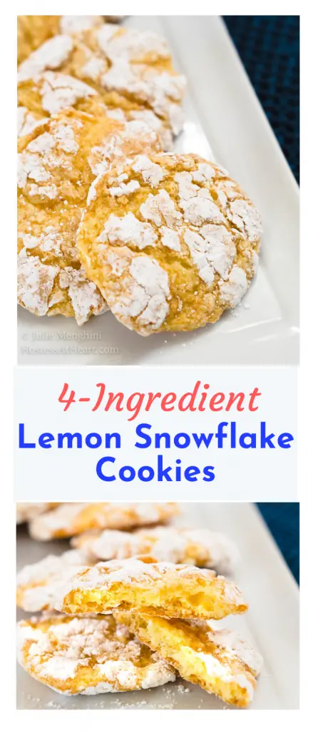 Two photo collage for Pinterest with the title "4-Ingredient Lemon Snowflake Cookies" running through the center. The top photo is a top-down photo of Lemon Snowflake cookies on a white plate. The bottom photo shows a cookie broken open showing a soft center.