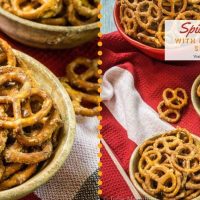 Two photo collage. First photo is a top view of a closeup of a wooden bowl of spicy pretzels. Pretzels are scattered around the bowl on a red checked towel. A partial second bowl is in the background. The second photo is two wooden bowls of pretzels, more scattered pretzels on a red checked towel and a large red bowl of pretzels in the background. The title 