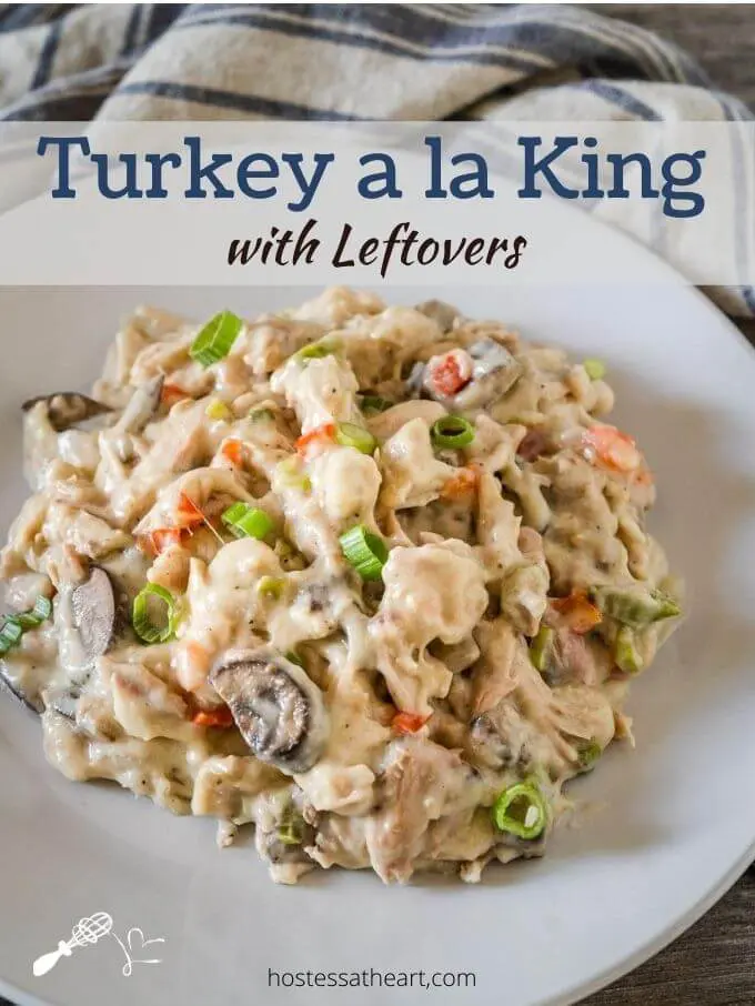 Top down photo of a gray plate filled with Turkey a la King. The title "Turkey a la King with leftovers" runs across the top.
