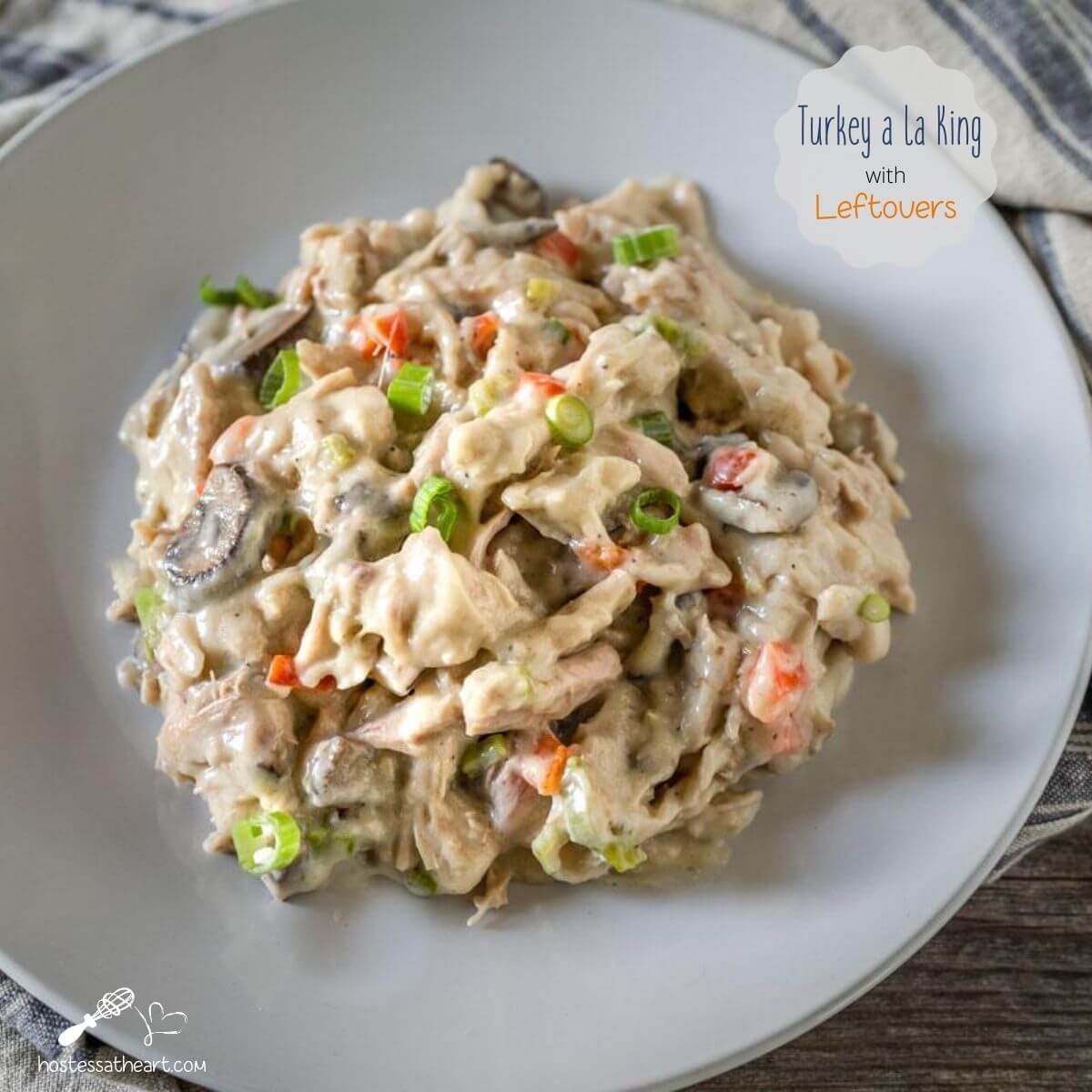 Top down photo of a gray plate filled with Turkey a la King. The title "Turkey a la King with leftovers" appears in the top right corner.