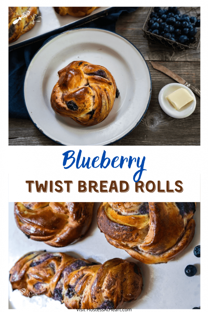 Two photo collage for Pinterest. The top photo is a top down view of a blueberry twist roll sitting on a white plate over a blue napkin over a wooden background. Blueberries are scattered around the plate with more rolls in the background. The bottom photo is a top down photo of three rolls on a gray background.The title "Blueberry Twist Bread" runs through the center.