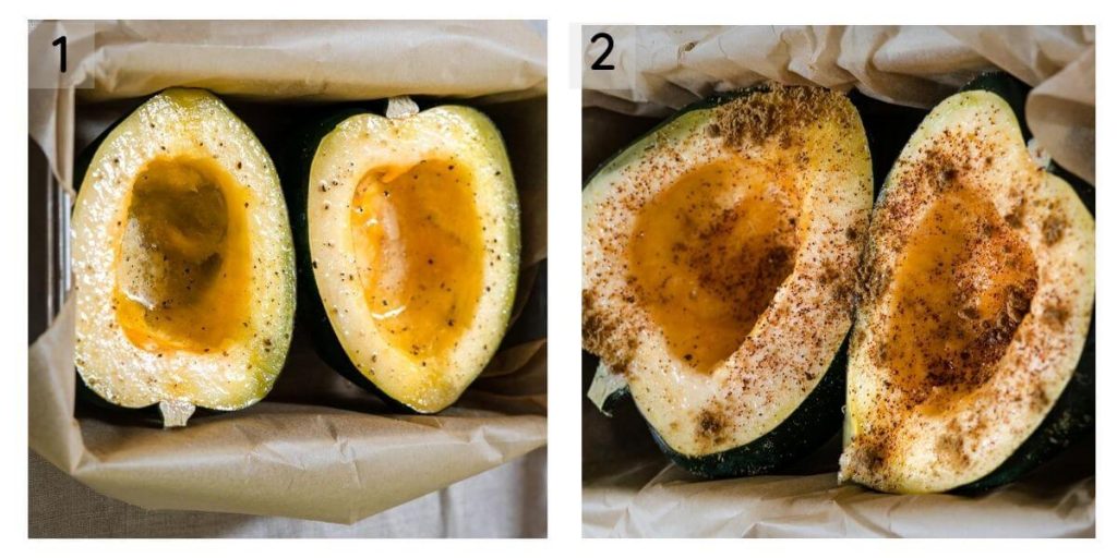 Two photo grid of how to prepare acorn squash for roasting. The first photo is a cut squash in a loaf pan that's been brushed with melted butter, salt & pepper. The second photo shows the cut acorn squash that's been rubbed with cumin and chili powder.