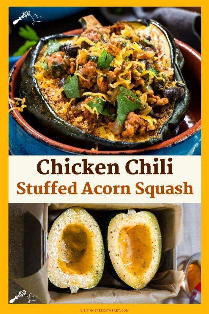 Two photo collage for Pinterest with the title "Chicken Chili Stuffed Acorn Squash" running through the center. The top photo is an angled view of a roasted acorn half filled with chicken chili and rubbed with chili spices in a blue bowl. The bottom photo is of two raw halves of an acorn squash that's been brushed with butter and maple syrup sitting in a parchment-lined loaf pan next to maple syrup in a small glass dish.,