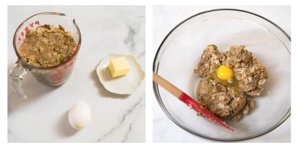 Two grid photo left photo is ingredients including cooked dressing, an egg and butter. The second photo is of the ingredients in a mixing bowl.