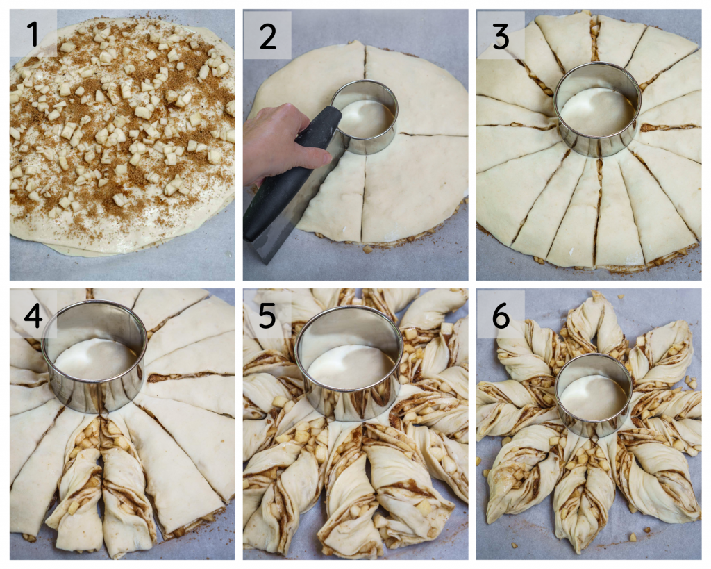 6 photo collage of how to shape the Spiced Apple Star Bread.