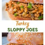 Two photo collage for Pinterest showing different views of a turkey sloppy joe dotted with onion and green pepper on a sesame seed but sitting on a light blue plate. The title "Turkey Sloppy Joes" runs between the two photos.